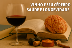 Vinho e seu Cérebro. Taça de vinho tinto ao lado de cérebro sobre livro, representando a relação entre vinho, saúde cerebral e longevidade