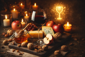 Cena serena e espiritual com uma taça de vinho tinto sobre uma mesa de madeira, cercada por maçãs, mel, nozes e pedaços de queijo. Várias velas acesas iluminam suavemente o ambiente, enquanto ao fundo surge um cálice dourado etéreo feito de luz, simbolizando a conexão entre o vinho e o bem-estar da alma. Vinho e Espiritualidade: Um Convite Amoroso ao Bem-Estar da Alma