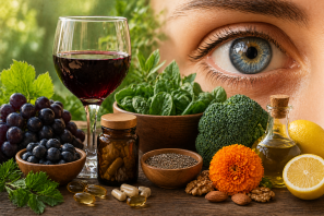 Close de um olho humano ao lado de taça de vinho tinto e alimentos naturais como folhas verdes, brócolis, frutas, sementes e suplementos, representando cuidados integrativos e nutrição para a saúde ocular