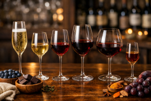 Seis tipos de taças de vinho dispostas sobre uma mesa de madeira, cada uma com diferentes formatos e cores de vinho, sob iluminação quente e ambiente sofisticado. 