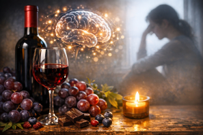 Cena acolhedora com uma taça e garrafa de vinho tinto sobre uma mesa de madeira, cercadas por uvas, pedaços de chocolate e uma vela acesa. Ao fundo, uma silhueta feminina pensativa junto à janela e uma ilustração luminosa de um cérebro, simbolizando o equilíbrio emocional e os benefícios dos polifenóis do . vinho