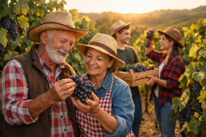 Viticultores familiares colhem uvas com dedicação e alegria, preservando tradições e fortalecendo o vínculo com a terra