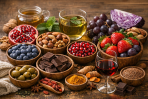 Variedade de alimentos ricos em polifenóis dispostos sobre mesa rústica: frutas vermelhas, chocolate amargo, chá verde, nozes, pimenta, cúrcuma e mel, representando nutrição e equilíbrio emocional. Alimentos Ricos em Polifenóis para Ansiedade