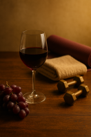 Taça de vinho tinto sobre mesa ao lado de uvas, halteres e toalha de treino, representando a relação entre vinho e atividade física. Turismo de Experiência e Enoturismo Espiritual: Uma Viagem que Transforma