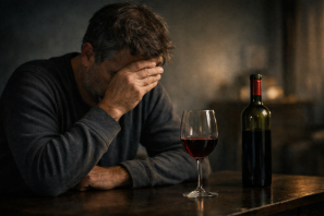 Homem sentado à mesa em ambiente escuro, com expressão de tristeza e uma taça de vinho tinto meio cheia ao lado, simbolizando reflexão e melancolia. Vinho e Depressão.