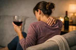 Mulher sentada em sofá, segurando uma taça de vinho tinto enquanto massageia o ombro dolorido, em ambiente acolhedor e iluminado por luz suave.