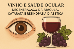 : Ilustração de um olho ao lado de uma taça de vinho tinto com uvas, acompanhada de texto sobre vinho e saúde ocular, abordando degeneração macular, catarata e retinopatia diabética. Vinho e Saúde Ocular