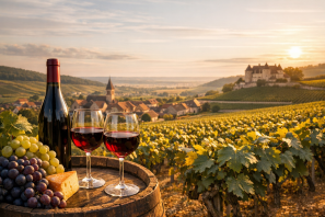  “Paisagem de vinhedos na Borgonha ao pôr do sol, com um barril de madeira em primeiro plano contendo uma garrafa de vinho tinto, duas taças cheias, um pedaço de queijo e cachos de uvas verdes e roxas. Ao fundo, vê-se uma vila com uma igreja de torre alta e um château sobre uma colina, iluminados pela luz dourada do entardecer.
