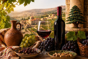 Garrafa e taça de vinho tinto cercadas por uvas, azeitonas e cerâmica tradicional, com paisagem montanhosa ao fundo, evocando a tradição e os mitos dos vinhos libaneses em cenário mediterrâneo