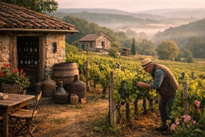 Cena rural em vinhedo ao amanhecer, com agricultor cuidando das videiras ao lado de casa de pedra, barris e utensílios, em meio a colinas cobertas por neblina suave, evocando tradição e produção artesanal de vinho