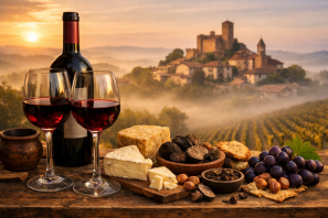 Cena encantadora com duas taças de vinho tinto e uma garrafa sobre mesa rústica, acompanhadas de trufas, queijos e avelãs, ao fundo uma vila medieval e colinas vinícolas de Piemonte envoltas na névoa dourada do amanhecer