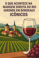 Ilustração de vinhedos em Bordeaux com rio ao fundo e vila com igreja, em primeiro plano uma taça de vinho tinto e uvas sobre mesa. 