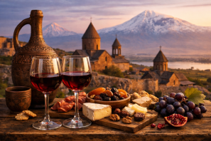 Cena ao entardecer com duas taças de vinho tinto e um jarro de barro ornamentado sobre mesa rústica, acompanhados de frutas secas, queijos e uvas, tendo ao fundo igrejas de pedra armênias e o Monte Ararat iluminado pela luz dourada do pôr do sol.