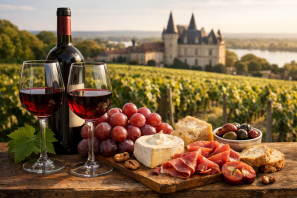 Cena elegante com duas taças de vinho tinto e uma garrafa sobre mesa rústica, acompanhadas de queijos, embutidos e uvas, tendo ao fundo um vinhedo verdejante e um château clássico de Bordeaux iluminado pela luz suave do entardecer. 