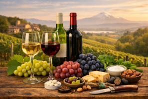 Composição sobre mesa de madeira com taças de vinho branco e tinto, cachos de uvas verdes, rosadas e escuras, ferramentas de enxertia e vinhedos ao fundo sob luz dourada do entardecer, simbolizando a diversidade das cepas híbridas ao redor do mundo. O que são as cepas híbridas pelo mundo