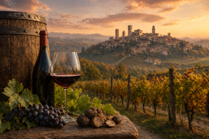 Paisagem de vinhedos no Piemonte ao pôr do sol, com vila histórica no alto da colina ao fundo; em primeiro plano, barril de madeira, garrafa e taça de vinho tinto, uvas e trufas sobre mesa rústica, evocando a tradição dos vinhos piemonteses.