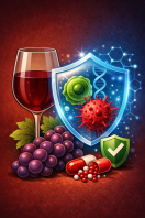 Taça de vinho e uvas ao lado de um escudo luminoso que simboliza a proteção celular, com elementos como DNA e células saudáveis, tudo em tons de vermelho e azul para sugerir equilíbrio e vitalidade.