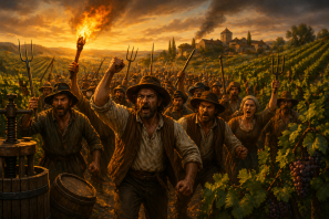 Cena dramática de revolta camponesa em vinhedos ao pôr do sol, com grupo de vinhateiros avançando com tochas e ferramentas erguidas, expressando protesto, enquanto uma vila ao fundo apresenta sinais de incêndio, evocando conflito histórico e tensão no campo