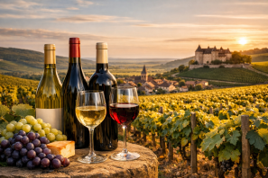 Cena de vinhedos na Borgonha ao pôr do sol, com três garrafas de vinho — duas tintas e uma branca — sobre uma superfície de pedra, acompanhadas de duas taças cheias, uma de vinho tinto e outra de branco. Ao lado, cachos de uvas verdes e roxas e um pedaço de queijo. Ao fundo, fileiras de videiras se estendem por colinas suaves até uma vila com igreja e um château sobre a colina, iluminados pela luz dourada do entardecer