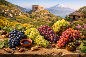 Diversas variedades de uvas autóctones dispostas sobre uma mesa rústica de madeira, com paisagens vinícolas de diferentes regiões do mundo ao fundo — incluindo colinas, templos antigos e montanhas nevadas — sob luz natural e cores vibrantes