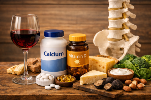 Composição sobre mesa de madeira com taça de vinho tinto, suplementos de cálcio e vitamina D, alimentos ricos em cálcio como queijo, iogurte, brócolis e amêndoas, e modelo anatômico de coluna ao fundo, simbolizando saúde óssea e equilíbrio. Vinho Seriamente Vinificado e a Prevenção da Osteoporose
