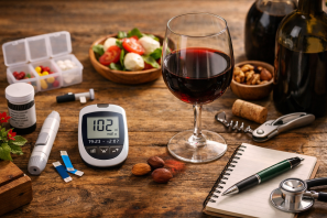 Mesa rústica com taça de vinho tinto, garrafa aberta e alimentos saudáveis ao lado de um medidor de glicose, esteto e bloco de notas, simbolizando o equilíbrio entre o consumo de vinho e o controle da diabetes
