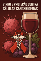 Imagem com fundo em tom vermelho escuro. Em primeiro plano, há uma taça de vinho tinto e um cacho de uvas. Ao lado, aparecem ilustrações estilizadas de células cancerígenas. No canto superior, está escrito em português: “VINHO E PROTEÇÃO CONTRA CÉLULAS CANCERÍGENAS.