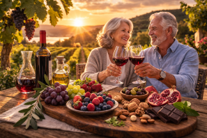 casal brindando com vinho em vinhedo destacando os benefícios do vinho e o estilo de vida saudável. Vinho e Saúde Cardiovascular