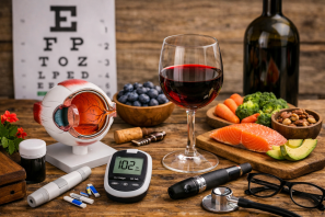 Mesa de madeira com taça de vinho tinto, garrafa e alimentos benéficos à visão, como salmão, mirtilos e abacate, ao lado de um modelo anatômico de olho e um teste de visão ao fundo