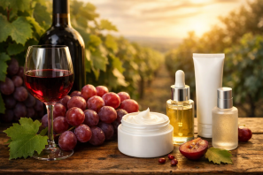 Composição harmoniosa sobre uma mesa de madeira com taça e garrafa de vinho tinto, uvas frescas e produtos de cuidados com a pele, como creme e frascos de óleo, sob luz dourada de fim de tarde em um vinhedo ao fundo.
