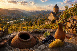 Paisagem de vinhedos na Geórgia ao entardecer, com montanhas ao fundo e ânforas tradicionais (qvevri) em destaque, representando a origem ancestral da vinificação e o berço do vinho moderno