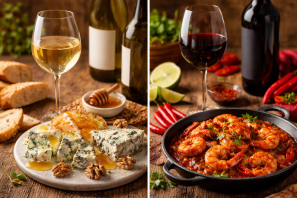 Duas harmonizações por contraste: vinho branco com queijos intensos, mel e nozes, e vinho tinto com prato picante de camarões, destacando a combinação de sabores opostos na gastronomia.