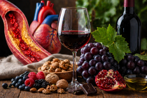 Taça de vinho tinto ao lado de alimentos saudáveis como peixe, azeite e vegetais, com elemento médico sutil ao fundo, representando a relação entre vinho, aterosclerose e prevenção cardiovascular.
