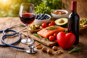 Taça de vinho tinto ao lado de alimentos saudáveis como salmão, nozes, frutas e abacate, com estetoscópio e símbolo de coração, representando a relação entre vinho, colesterol e saúde cardiovascular com moderação.