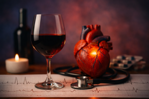 Uma taça de vinho sobre papel de eletrocardiograma, ao lado de um modelo anatômico de coração humano iluminado, com uma garrafa de vinho e medicamentos ao fundo. O contraste entre o vermelho quente do vinho e o azul frio do fundo reforça a dualidade entre prazer e risco cardiovascular.