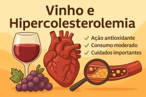Taça de vinho tinto ao lado de um cacho de uvas, ilustração de coração humano e representação ampliada de vaso sanguíneo com depósitos de colesterol, sobre fundo em tons de amarelo e laranja. O texto 'Vinho e Hipercolesterolemia' aparece no topo, seguido de três tópicos com marca de verificação: ação antioxidante, consumo moderado e cuidados importantes. Vinho e Hipercolesterolemia: Saúde Cardiovascular com Prazer e Moderação