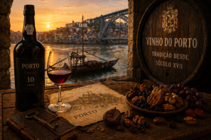 Taça e garrafa de vinho do Porto com frutas secas e mapa antigo diante do rio Douro e ponte ao pôr do sol, representando a tradição e história dos vinhos do Porto. A Tradição dos Vinhos do Porto e Suas Histórias Secretas