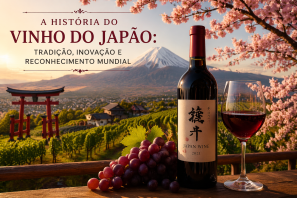 Paisagem de vinhedos no Japão com vista para o Monte Fuji ao fundo, cerejeiras floridas, uma garrafa e uma taça de vinho tinto ao lado de uvas frescas, representando a tradição e inovação do vinho japonês. A História do Vinho do Japão: Tradição, Inovação e Reconhecimento Mundial