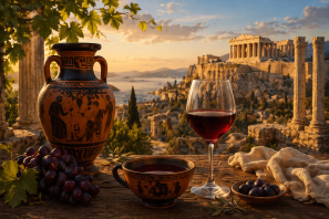 Cena inspirada na Grécia Antiga ao pôr do sol, com templo clássico ao fundo e paisagem costeira; em primeiro plano, ânfora decorada, taça de vinho tinto, tigela, uvas e mesa rústica, evocando a tradição dos vinhos gregos antigos