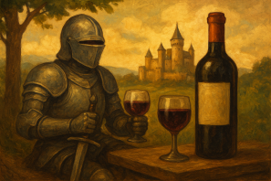 Ilustração de cavaleiro medieval com armadura segurando taça de vinho tinto ao lado de garrafa e castelo ao fundo, representando a história do vinho na Idade Média. Entre Reis e Cavaleiros: Os Vinhos da Idade Média na Europa
