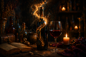 Cena com atmosfera mística em mesa rústica iluminada por velas, mostrando garrafa de vinho envolta por brilho dourado, taça de vinho tinto, livro antigo aberto, uvas e frascos antigos ao fundo, evocando um ambiente de magia e alquimia.