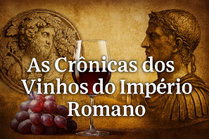 Taça de vinho tinto com uvas diante de esculturas do Império Romano, representando a história do vinho na Roma Antiga. As Crônicas dos Vinhos do Império Romano: Legado, Poder e Cultura