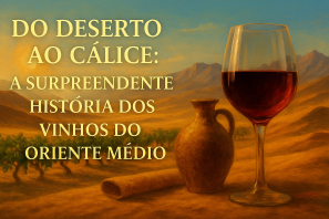 Paisagem de deserto com montanhas ao fundo sob um céu dourado. Em primeiro plano, um cálice de vinho tinto e um jarro de barro repousam sobre a areia. Sobre a cena, aparece o título em português. Do Deserto ao Cálice: A Surpreendente História dos Vinhos do Oriente Médio