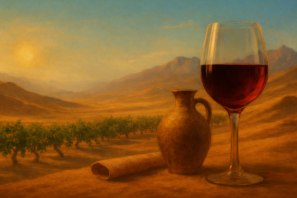 Paisagem de deserto com montanhas ao fundo sob um céu dourado. Em primeiro plano, um cálice de vinho tinto e um jarro de barro repousam sobre a areia.