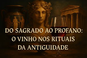 Cena noturna com atmosfera mística, apresentando silhuetas de estátuas gregas clássicas ao fundo. A arquitetura ao redor remete a antigas termas greco-romanas, com colunas de mármore parcialmente iluminadas por uma luz suave e azulada. No primeiro plano, destaca-se o rosto de uma estátua clássica (estilo greco-romano), parcialmente em sombra. Em frente ao rosto, uma taça de vinho tinto é segurada ou posicionada em destaque, com o líquido refletindo a luz ambiente.