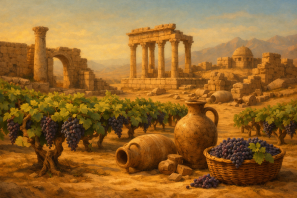 Paisagem inspirada na Antiguidade com vinhedos, ruínas de templo clássico e colunas ao fundo; em primeiro plano, ânforas de cerâmica e cesta com uvas, sob luz dourada, evocando a tradição do vinho nas civilizações antigas