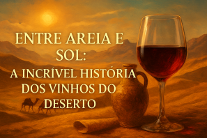 Cena em paisagem desértica ao pôr do sol, com dunas e caravana de camelos ao fundo; em primeiro plano, taça de vinho tinto e jarro de cerâmica, acompanhados do título “Entre areia e sol: a incrível história dos vinhos do deserto”.