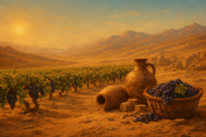 Retrata um vinhedo florescendo em meio ao deserto sob o pôr do sol dourado, com ânforas de barro e um cesto de uvas em destaque, evocando a harmonia entre tradição e natureza.