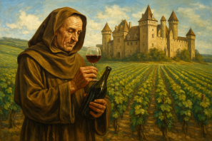 Monge em vinhedo segurando garrafa e taça de vinho, observando a bebida com castelo ao fundo, representando tradição monástica e história da produção de vinho. Entre Monges e Castelos: O Legado dos Vinhos da Borgonha Medieval