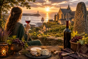 Mulher com traje de inspiração celta aprecia uma taça de vinho diante de uma paisagem costeira da Bretanha ao pôr do sol. Em destaque, uma garrafa de vinho, uvas, queijos artesanais e uma lanterna decorativa sobre uma mesa rústica. Ao fundo, um antigo mosteiro à beira-mar, vinhedos, um farol, um veleiro e um monólito gravado com símbolos celtas compõem um cenário histórico e elegante.